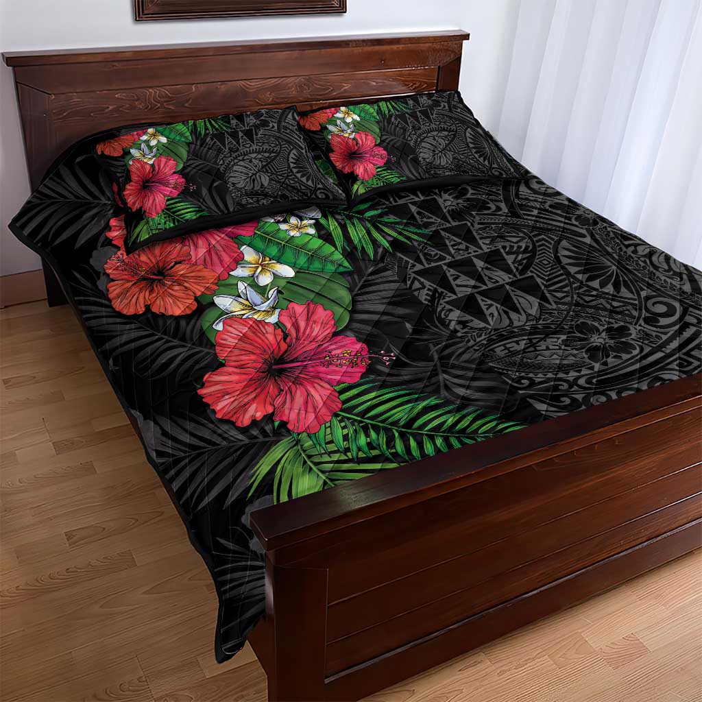 Hawaiian Tropical Plants Quilt Bed Set Kakau Tattoo and Polynesian Pattern Half Black Color LT03 - Polynesian Pride