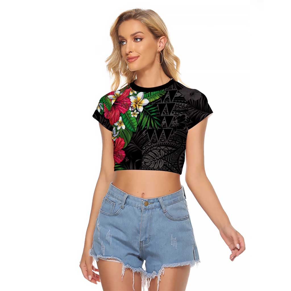 Hawaiian Tropical Plants Raglan Cropped T Shirt Kakau Tattoo and Polynesian Pattern Half Black Color LT03 Female Black - Polynesian Pride