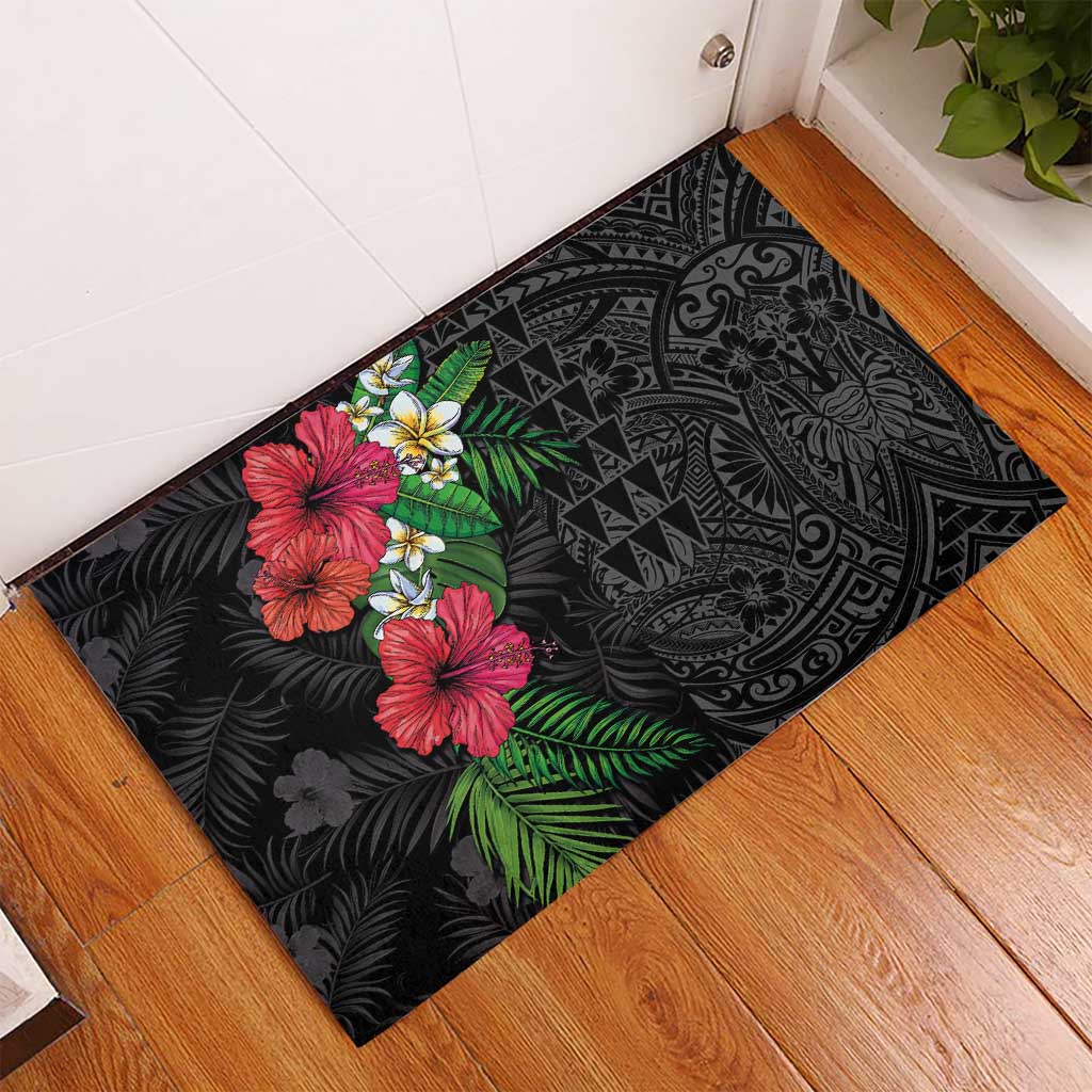 Hawaiian Tropical Plants Rubber Doormat Kakau Tattoo and Polynesian Pattern Half Black Color