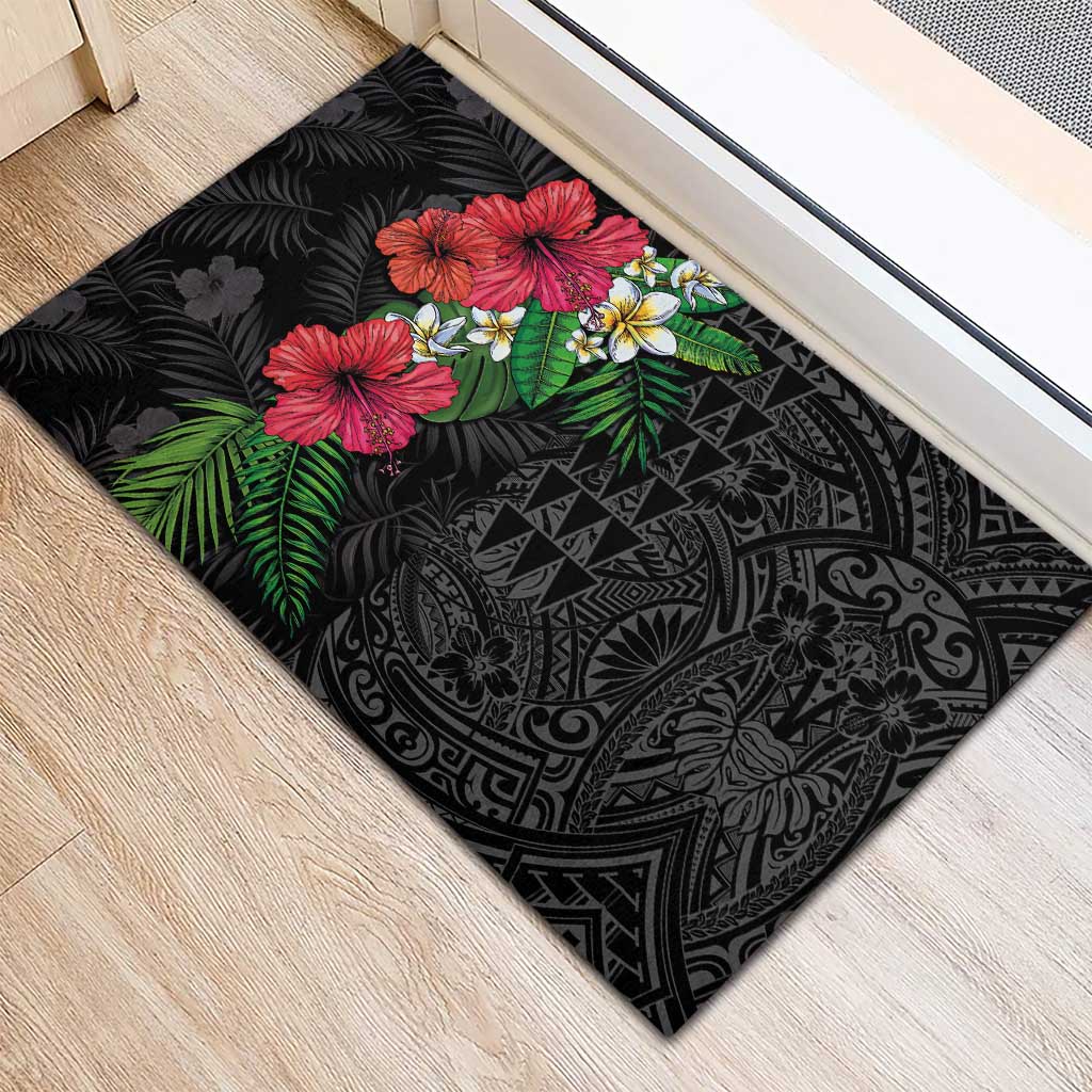 Hawaiian Tropical Plants Rubber Doormat Kakau Tattoo and Polynesian Pattern Half Black Color