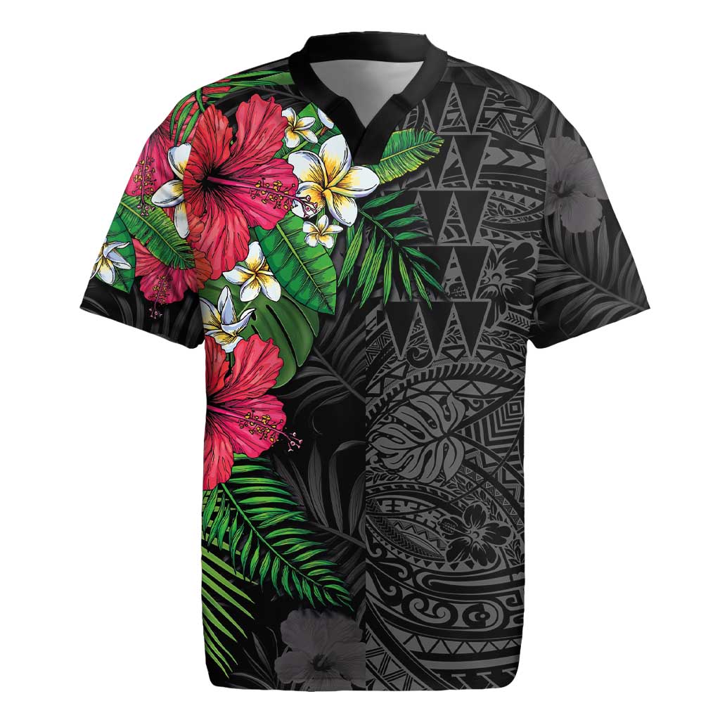 Hawaiian Tropical Plants Rugby Jersey Kakau Tattoo and Polynesian Pattern Half Black Color LT03 Black - Polynesian Pride