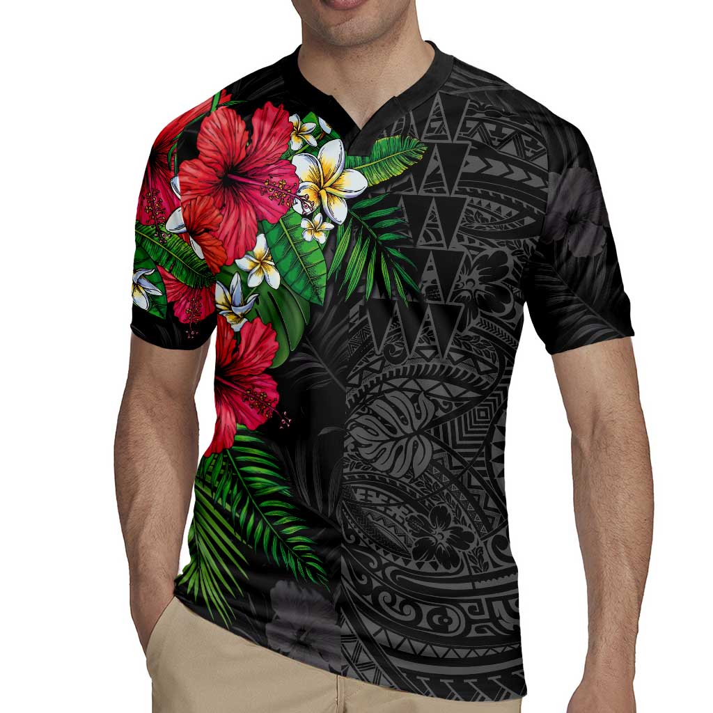 Hawaiian Tropical Plants Rugby Jersey Kakau Tattoo and Polynesian Pattern Half Black Color LT03 - Polynesian Pride