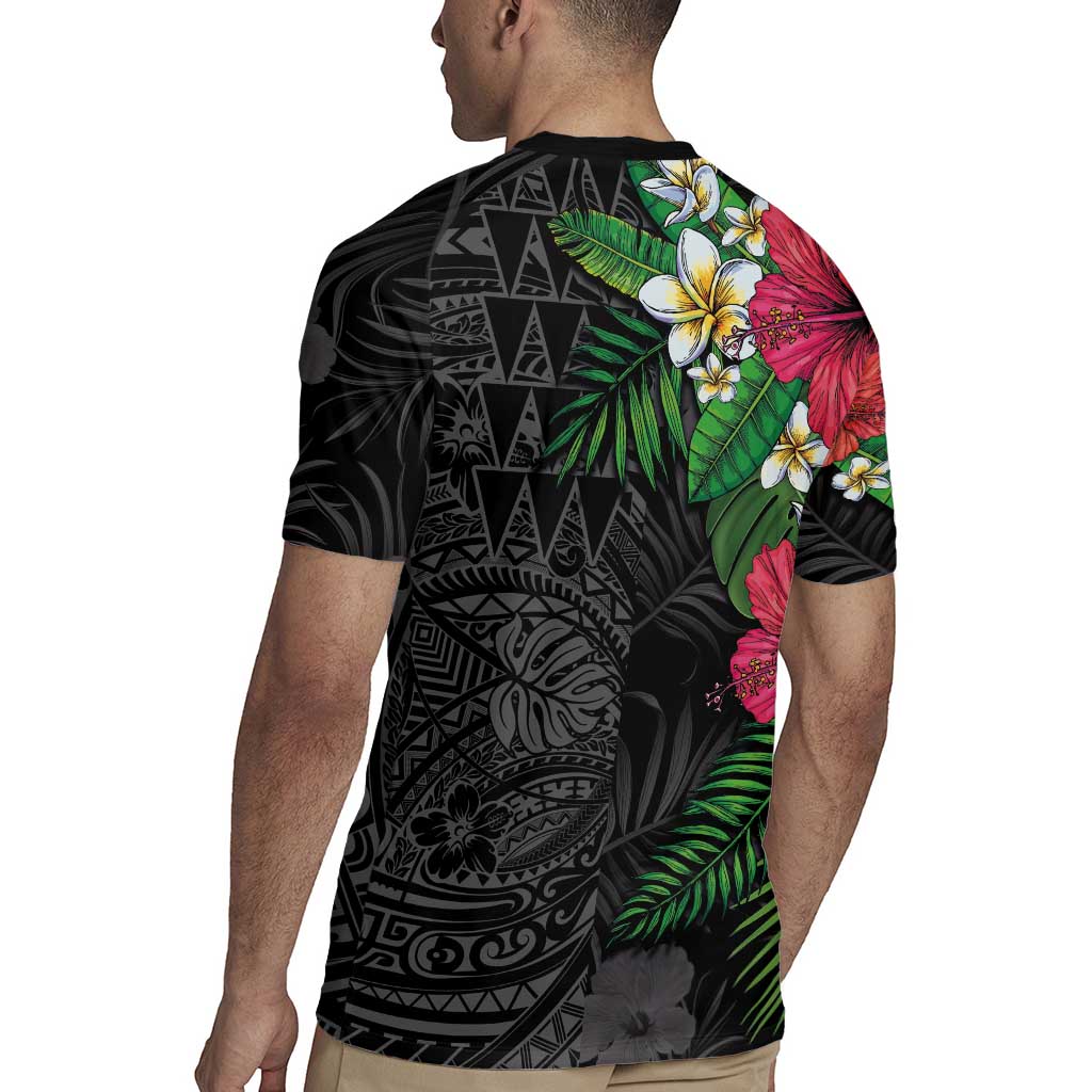 Hawaiian Tropical Plants Rugby Jersey Kakau Tattoo and Polynesian Pattern Half Black Color LT03 - Polynesian Pride