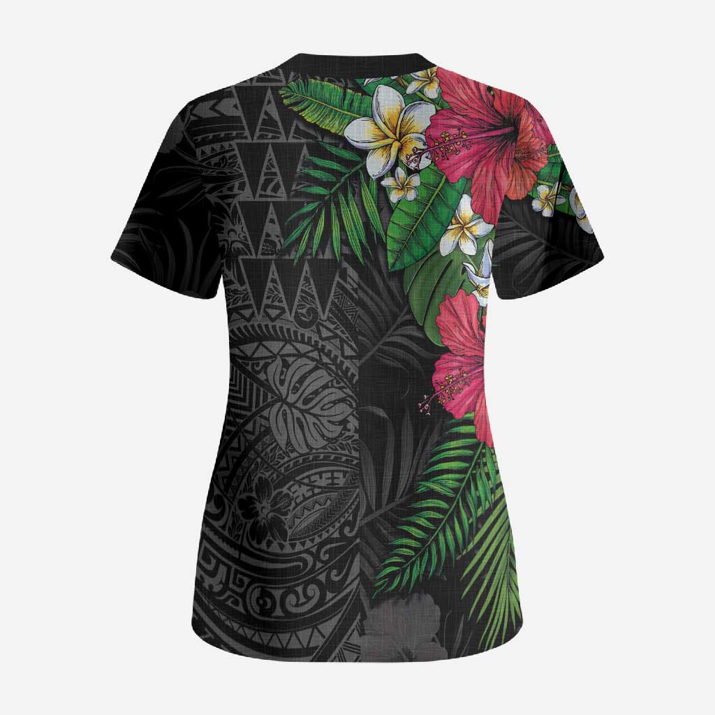 Hawaiian Tropical Plants Scrub Top Kakau Tattoo and Polynesian Pattern Half Black Color LT03 - Polynesian Pride