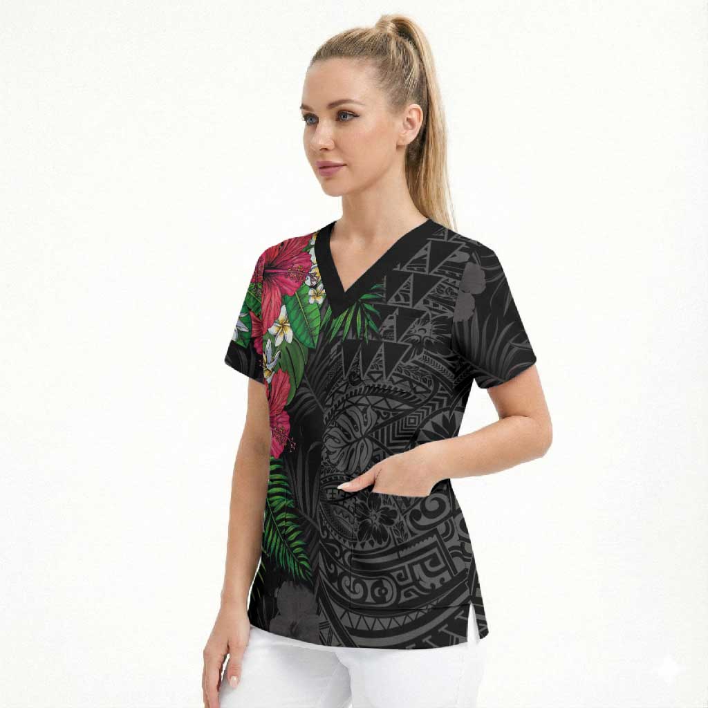 Hawaiian Tropical Plants Scrub Top Kakau Tattoo and Polynesian Pattern Half Black Color LT03 - Polynesian Pride