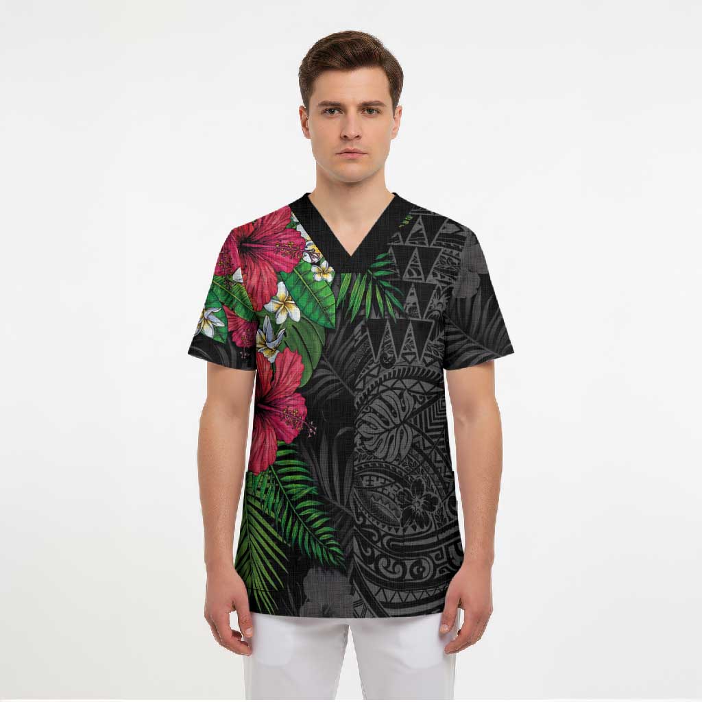 Hawaiian Tropical Plants Scrub Top Kakau Tattoo and Polynesian Pattern Half Black Color LT03 - Polynesian Pride
