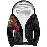 Hawaiian Tropical Plants Sherpa Hoodie Kakau Tattoo and Polynesian Pattern Half Black Color LT03 Unisex Black - Polynesian Pride