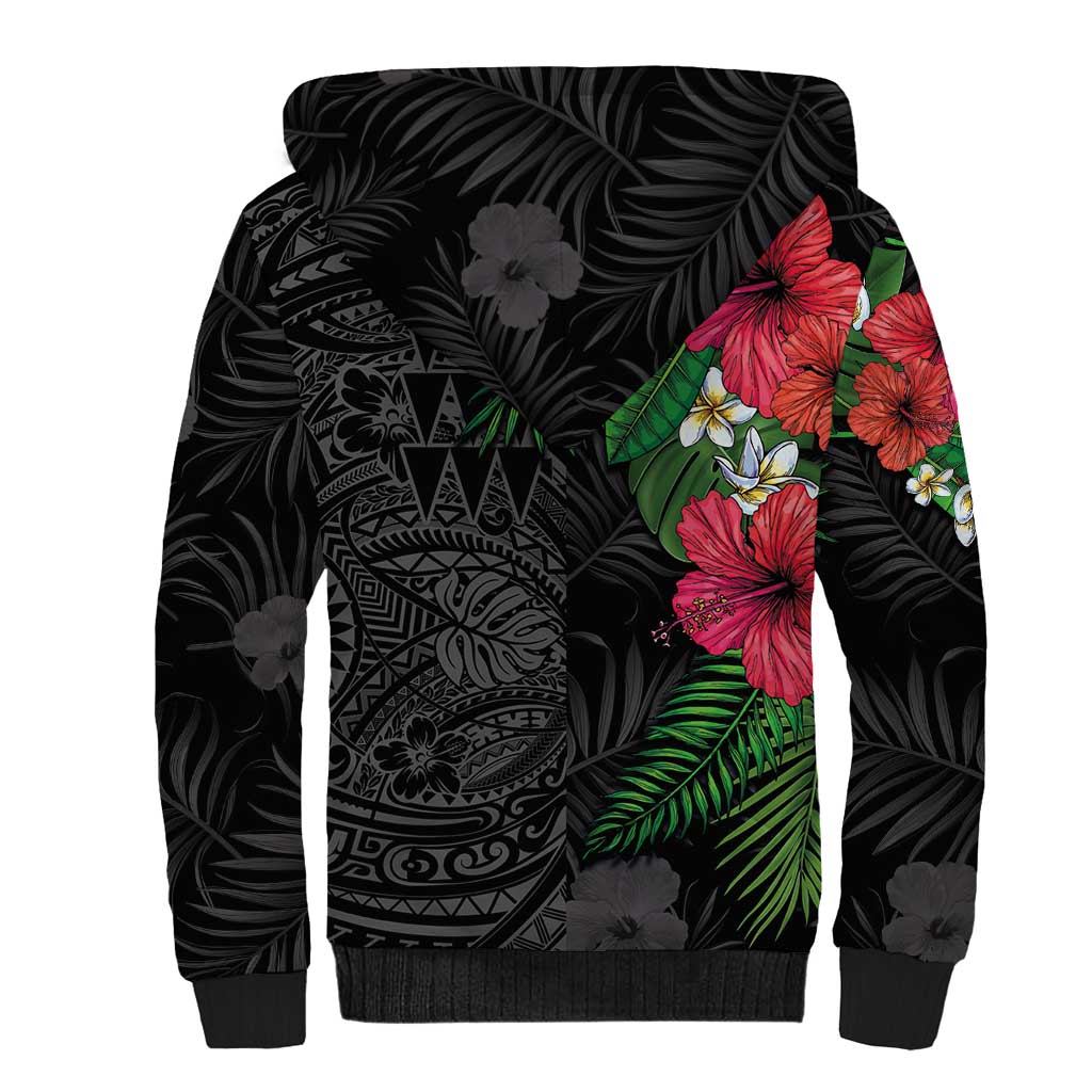 Hawaiian Tropical Plants Sherpa Hoodie Kakau Tattoo and Polynesian Pattern Half Black Color LT03 - Polynesian Pride