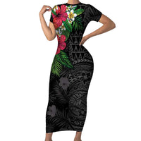 Hawaiian Tropical Plants Short Sleeve Bodycon Dress Kakau Tattoo and Polynesian Pattern Half Black Color LT03 Long Dress Black - Polynesian Pride