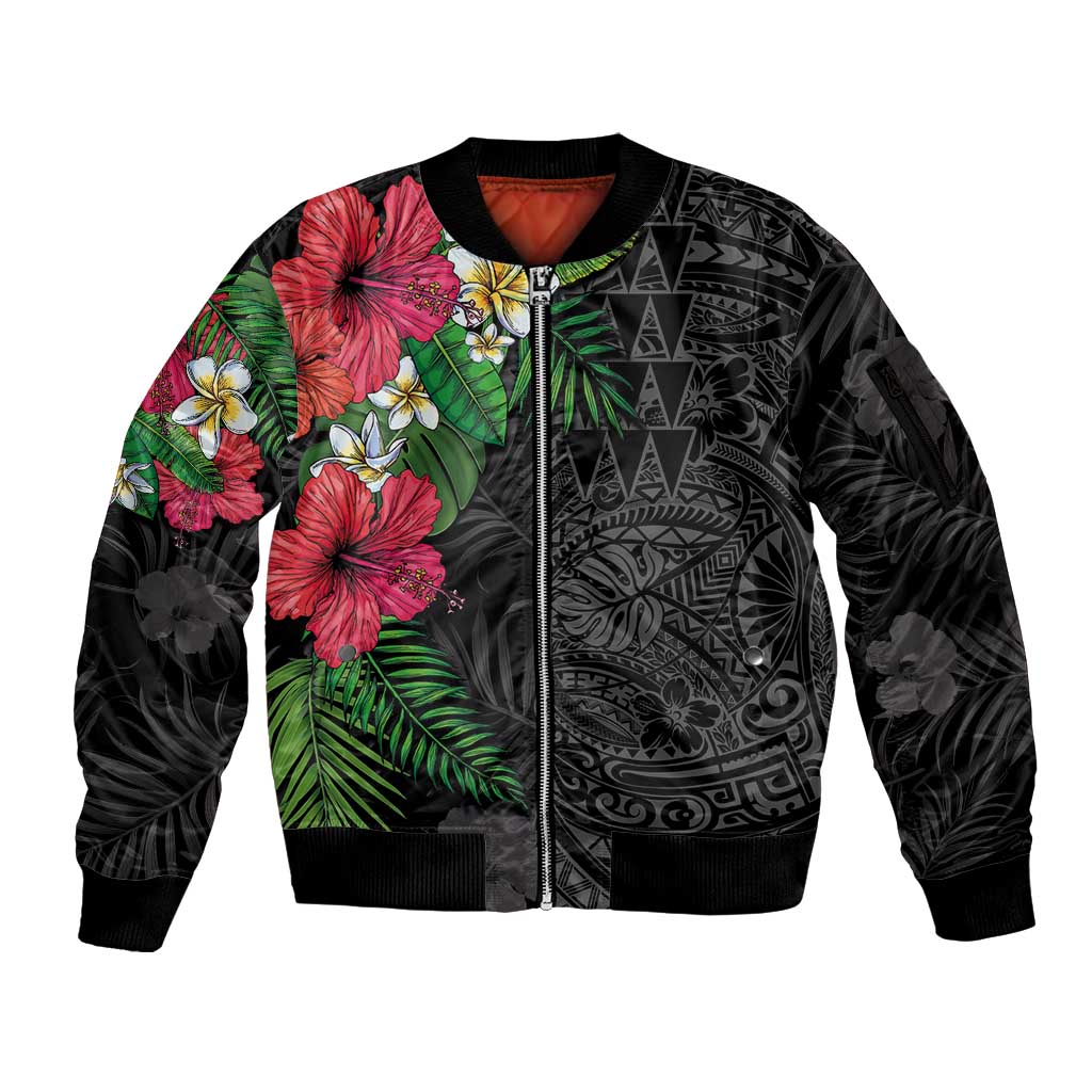 Hawaiian Tropical Plants Sleeve Zip Bomber Jacket Kakau Tattoo and Polynesian Pattern Half Black Color LT03 Unisex Black - Polynesian Pride