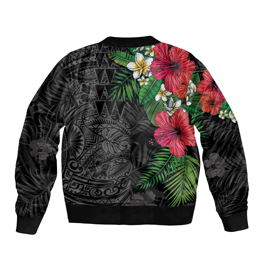 Hawaiian Tropical Plants Sleeve Zip Bomber Jacket Kakau Tattoo and Polynesian Pattern Half Black Color LT03 - Polynesian Pride