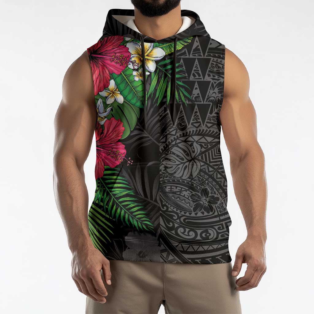Hawaiian Tropical Plants Sleeveless Hoodie Kakau Tattoo and Polynesian Pattern Half Black Color