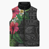 Hawaiian Tropical Plants Sleeveless Puffer Jacket Kakau Tattoo and Polynesian Pattern Half Black Color LT03 Unisex Black - Polynesian Pride