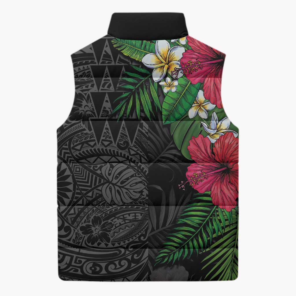 Hawaiian Tropical Plants Sleeveless Puffer Jacket Kakau Tattoo and Polynesian Pattern Half Black Color LT03 - Polynesian Pride