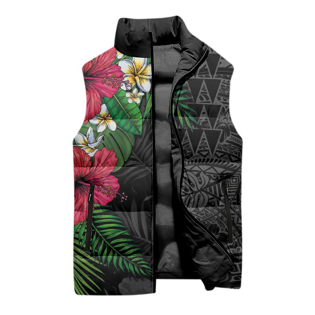 Hawaiian Tropical Plants Sleeveless Puffer Jacket Kakau Tattoo and Polynesian Pattern Half Black Color LT03 - Polynesian Pride