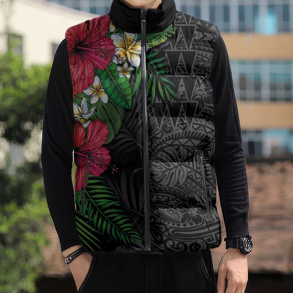 Hawaiian Tropical Plants Sleeveless Puffer Jacket Kakau Tattoo and Polynesian Pattern Half Black Color LT03 - Polynesian Pride