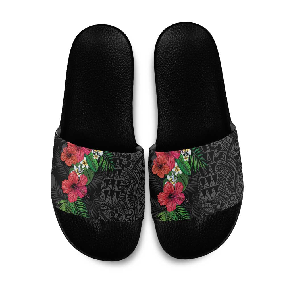 Hawaiian Tropical Plants Slide Sandals Kakau Tattoo and Polynesian Pattern Half Black Color LT03 Black - Polynesian Pride