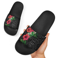 Hawaiian Tropical Plants Slide Sandals Kakau Tattoo and Polynesian Pattern Half Black Color LT03 - Polynesian Pride