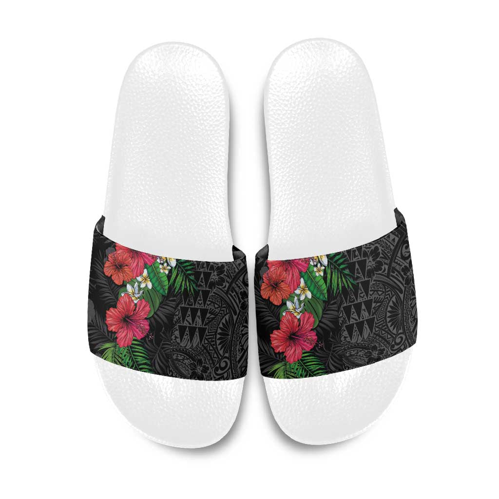 Hawaiian Tropical Plants Slide Sandals Kakau Tattoo and Polynesian Pattern Half Black Color LT03 Black - Polynesian Pride