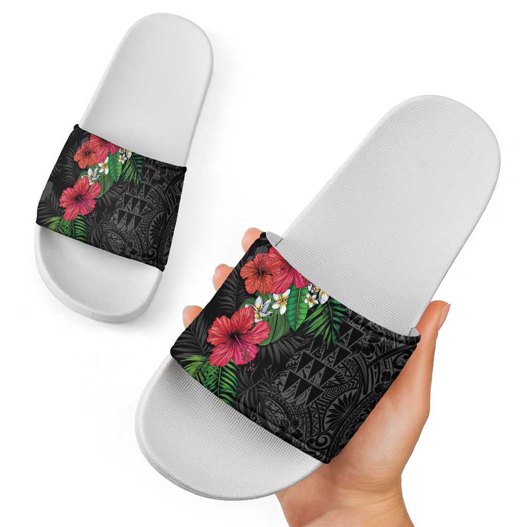 Hawaiian Tropical Plants Slide Sandals Kakau Tattoo and Polynesian Pattern Half Black Color LT03 - Polynesian Pride