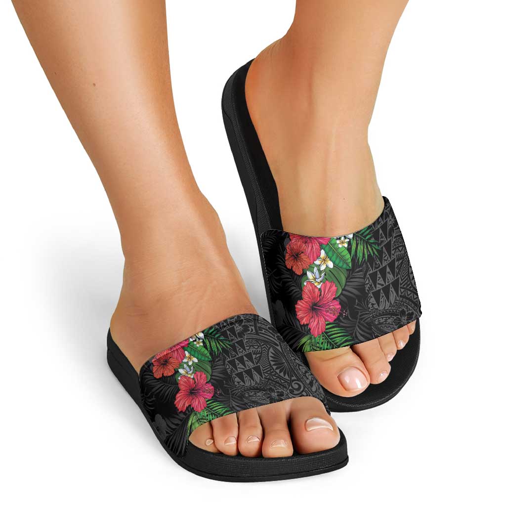 Hawaiian Tropical Plants Slide Sandals Kakau Tattoo and Polynesian Pattern Half Black Color LT03 - Polynesian Pride
