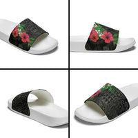 Hawaiian Tropical Plants Slide Sandals Kakau Tattoo and Polynesian Pattern Half Black Color LT03 - Polynesian Pride