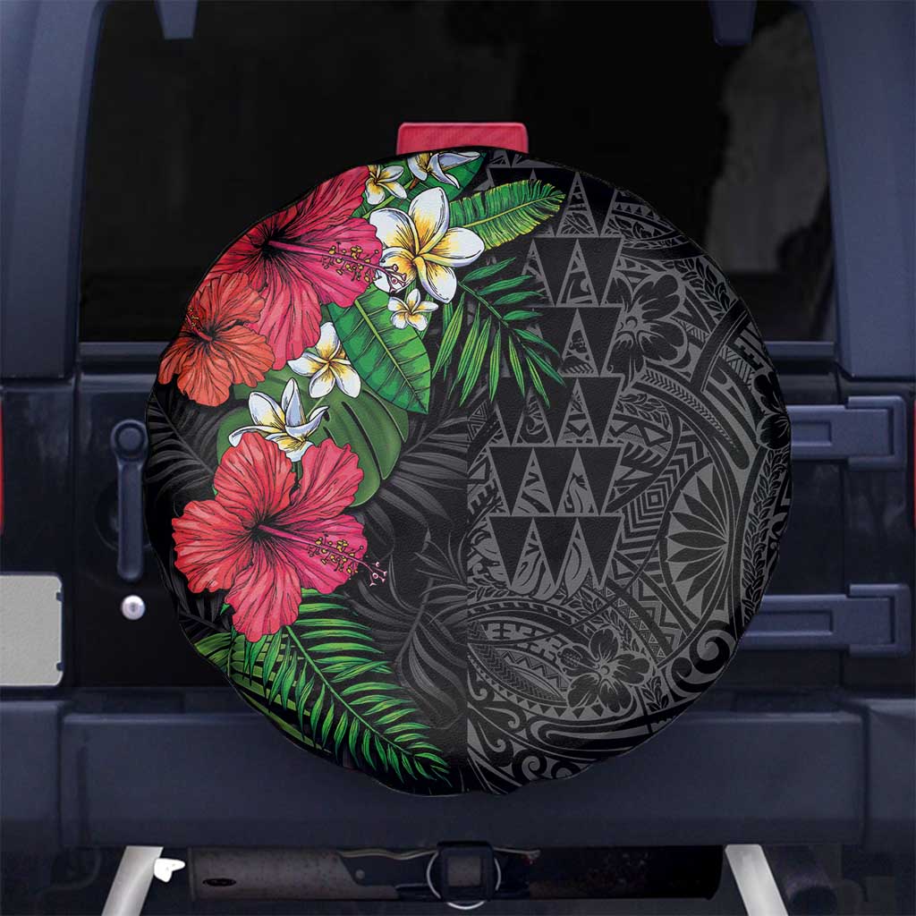 Hawaiian Tropical Plants Spare Tire Cover Kakau Tattoo and Polynesian Pattern Half Black Color LT03 No hole Black - Polynesian Pride