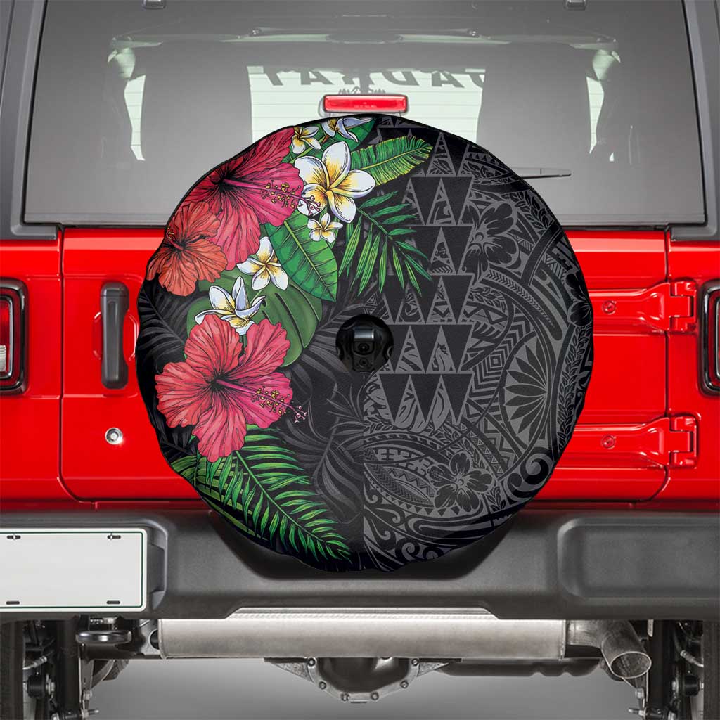 Hawaiian Tropical Plants Spare Tire Cover Kakau Tattoo and Polynesian Pattern Half Black Color LT03 - Polynesian Pride