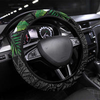 Hawaiian Tropical Plants Steering Wheel Cover Kakau Tattoo and Polynesian Pattern Half Black Color LT03 Universal Fit Black - Polynesian Pride