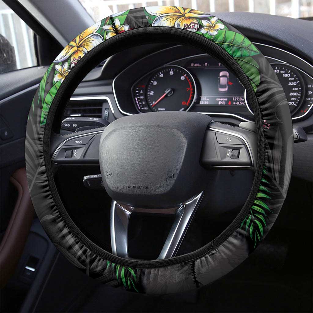 Hawaiian Tropical Plants Steering Wheel Cover Kakau Tattoo and Polynesian Pattern Half Black Color LT03 - Polynesian Pride