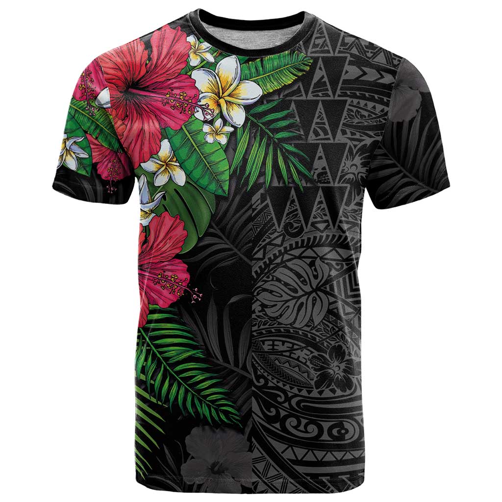 Hawaiian Tropical Plants T Shirt Kakau Tattoo and Polynesian Pattern Half Black Color LT03 Black - Polynesian Pride