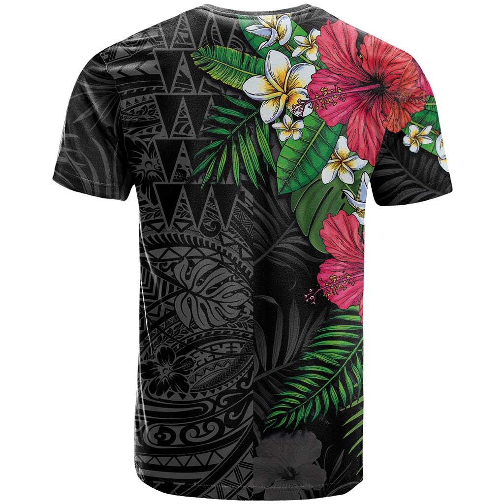 Hawaiian Tropical Plants T Shirt Kakau Tattoo and Polynesian Pattern Half Black Color LT03 - Polynesian Pride