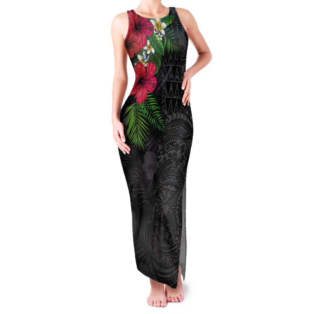 Hawaiian Tropical Plants Tank Maxi Dress Kakau Tattoo and Polynesian Pattern Half Black Color LT03 Women Black - Polynesian Pride