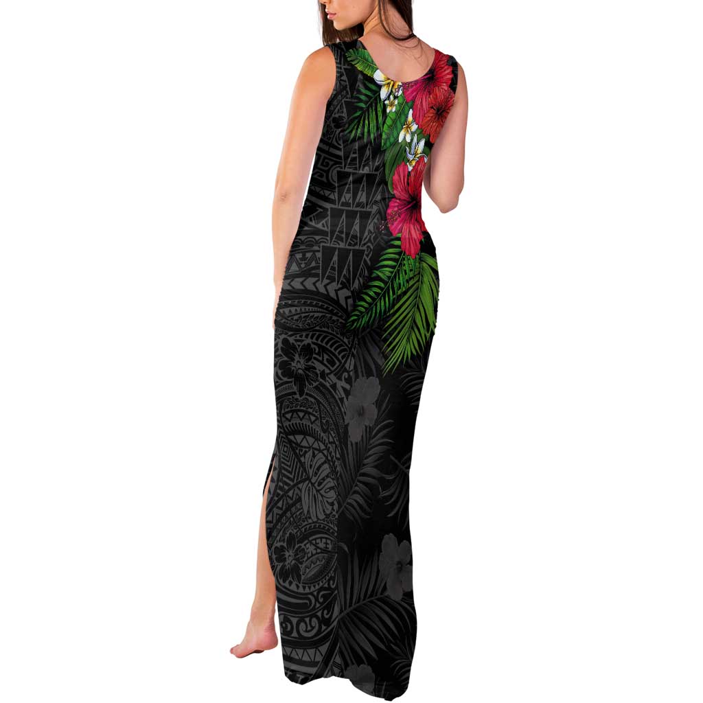 Hawaiian Tropical Plants Tank Maxi Dress Kakau Tattoo and Polynesian Pattern Half Black Color LT03 - Polynesian Pride