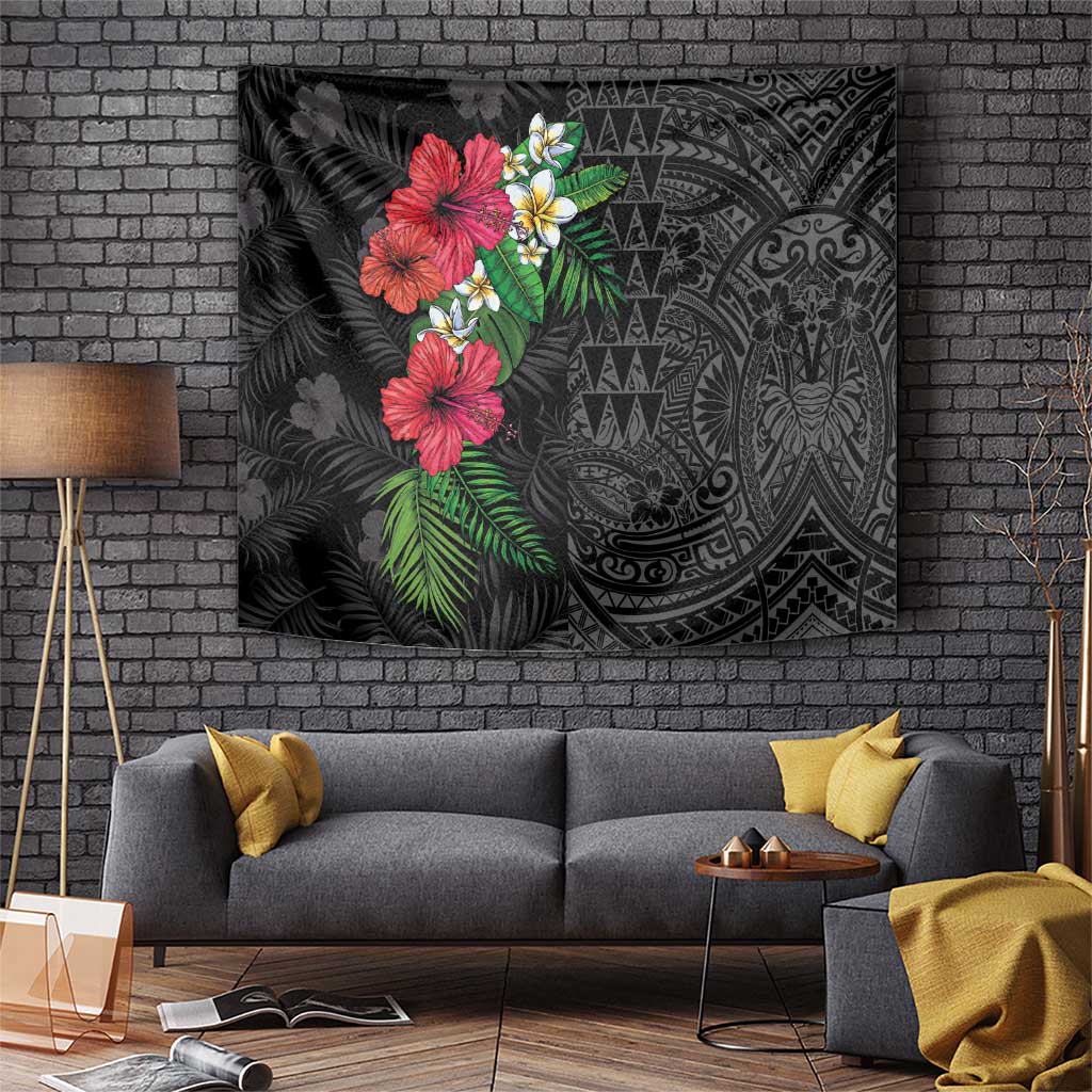 Hawaiian Tropical Plants Tapestry Kakau Tattoo and Polynesian Pattern Half Black Color LT03 Black - Polynesian Pride