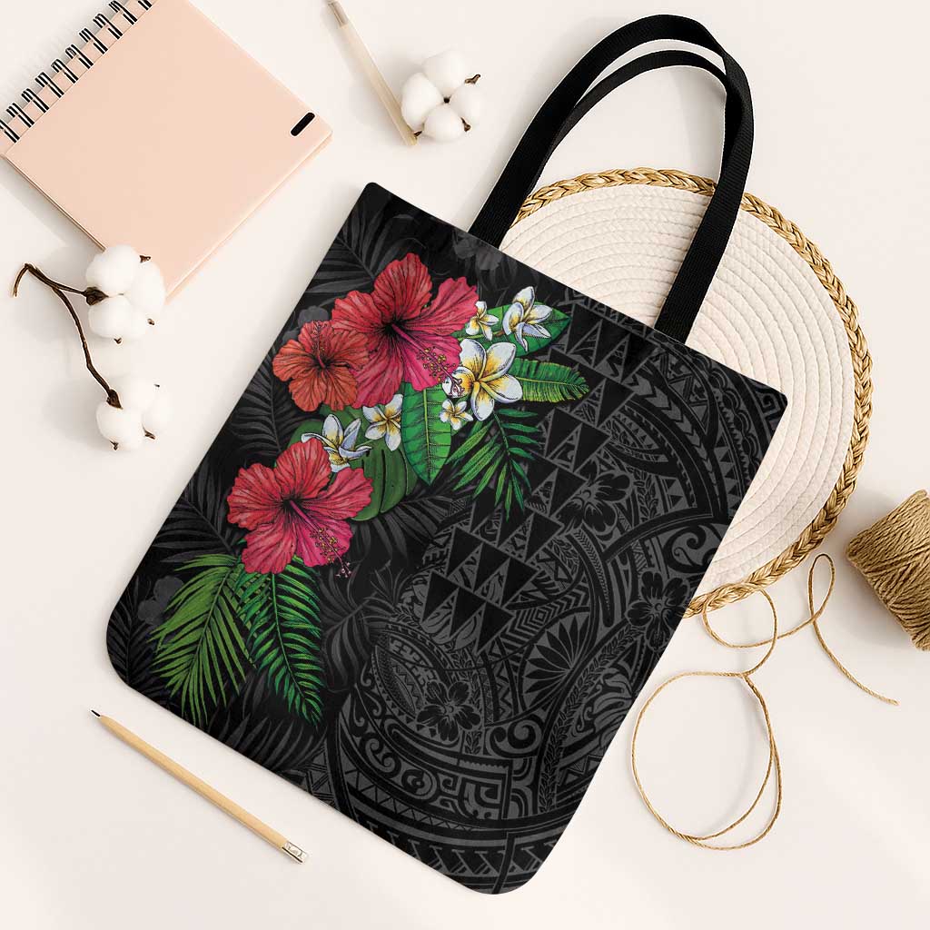 Hawaiian Tropical Plants Tote Bag Kakau Tattoo and Polynesian Pattern Half Black Color LT03 Black Strap One Size Black - Polynesian Pride