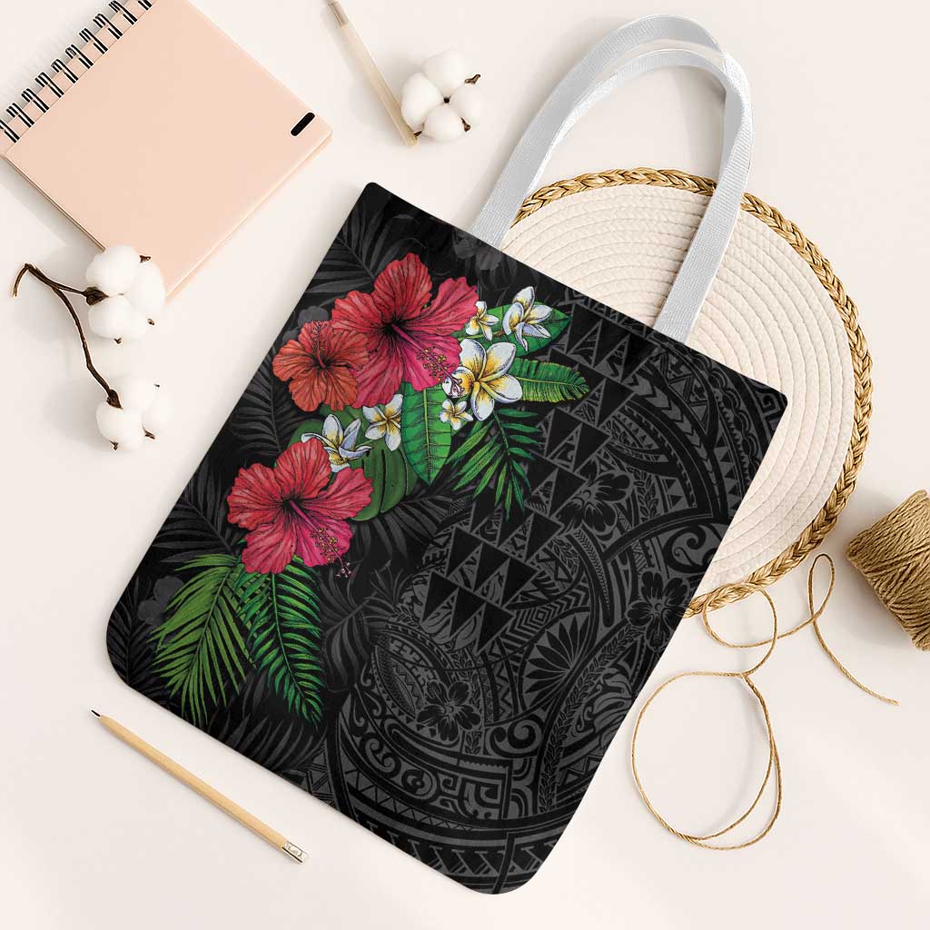 Hawaiian Tropical Plants Tote Bag Kakau Tattoo and Polynesian Pattern Half Black Color LT03 White Strap One Size Black - Polynesian Pride