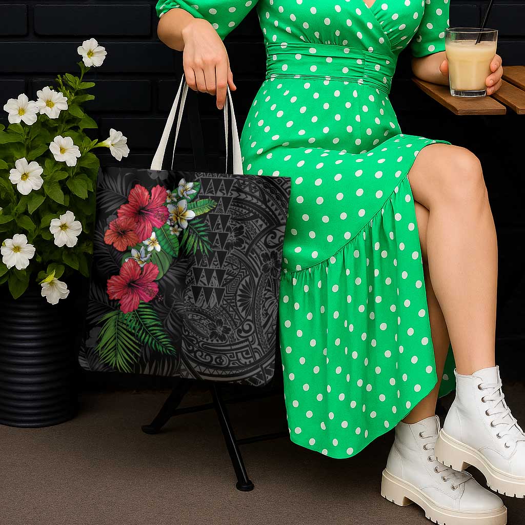 Hawaiian Tropical Plants Tote Bag Kakau Tattoo and Polynesian Pattern Half Black Color LT03 - Polynesian Pride