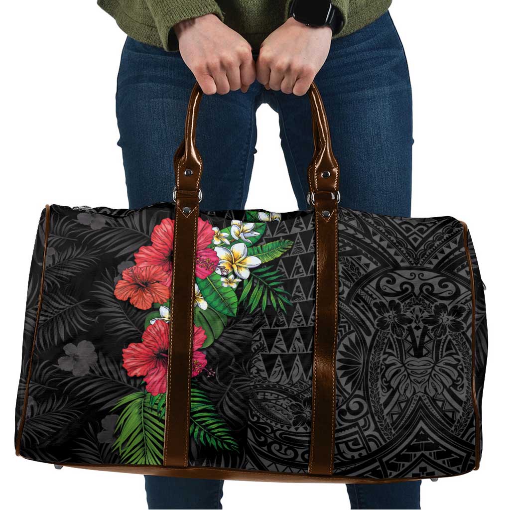 Hawaiian Tropical Plants Travel Bag Kakau Tattoo and Polynesian Pattern Half Black Color LT03 Black - Polynesian Pride