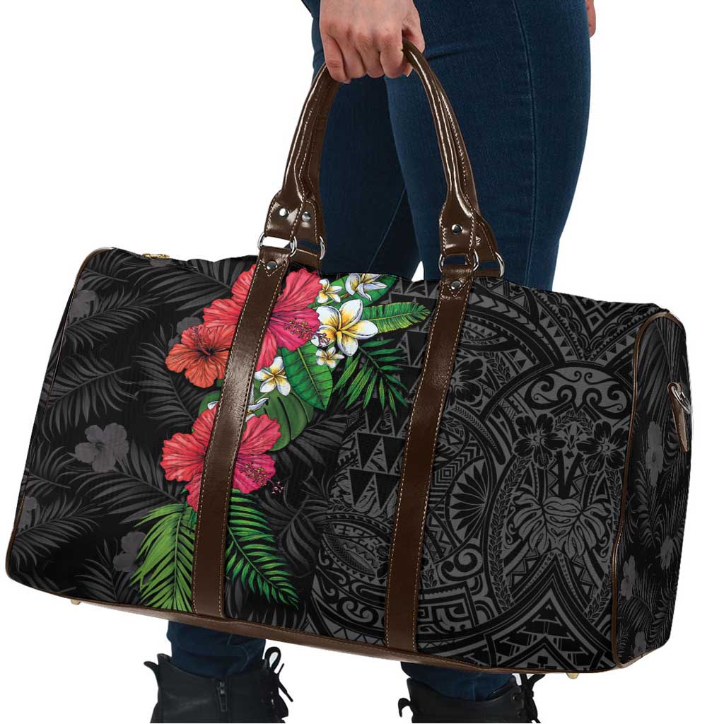 Hawaiian Tropical Plants Travel Bag Kakau Tattoo and Polynesian Pattern Half Black Color LT03 - Polynesian Pride