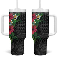 Hawaiian Tropical Plants Tumbler With Handle Kakau Tattoo and Polynesian Pattern Half Black Color LT03 One Size: 40 oz Black - Polynesian Pride