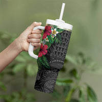 Hawaiian Tropical Plants Tumbler With Handle Kakau Tattoo and Polynesian Pattern Half Black Color LT03 - Polynesian Pride