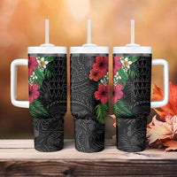 Hawaiian Tropical Plants Tumbler With Handle Kakau Tattoo and Polynesian Pattern Half Black Color LT03 - Polynesian Pride