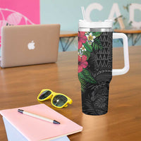 Hawaiian Tropical Plants Tumbler With Handle Kakau Tattoo and Polynesian Pattern Half Black Color LT03 - Polynesian Pride