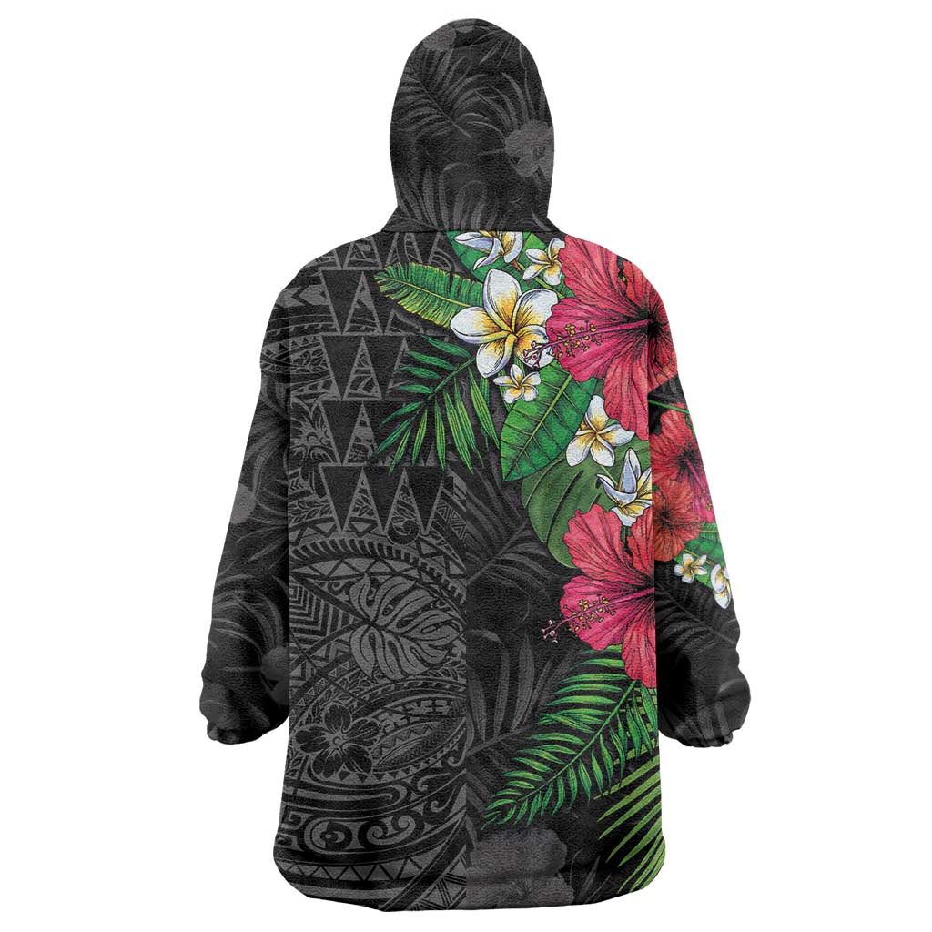 Hawaiian Tropical Plants Wearable Blanket Hoodie Kakau Tattoo and Polynesian Pattern Half Black Color LT03 - Polynesian Pride