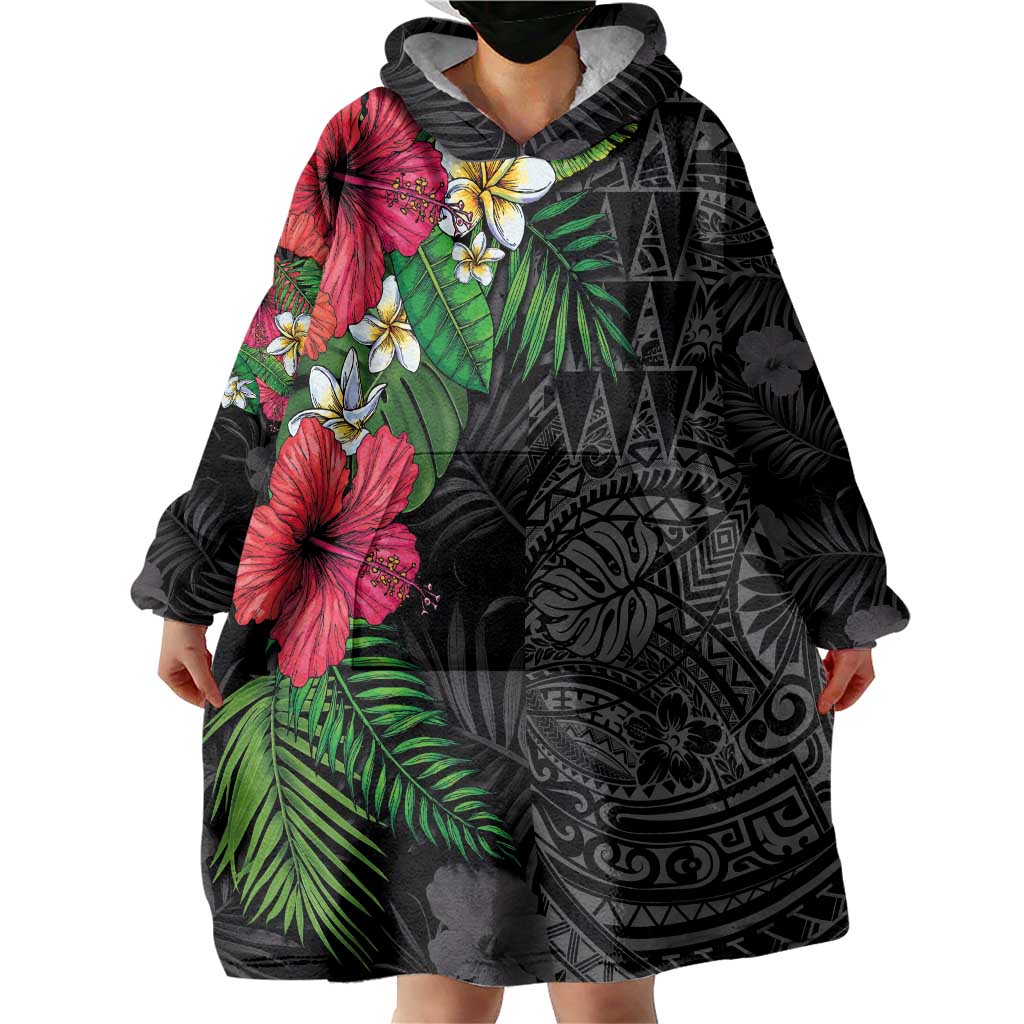 Hawaiian Tropical Plants Wearable Blanket Hoodie Kakau Tattoo and Polynesian Pattern Half Black Color LT03 - Polynesian Pride