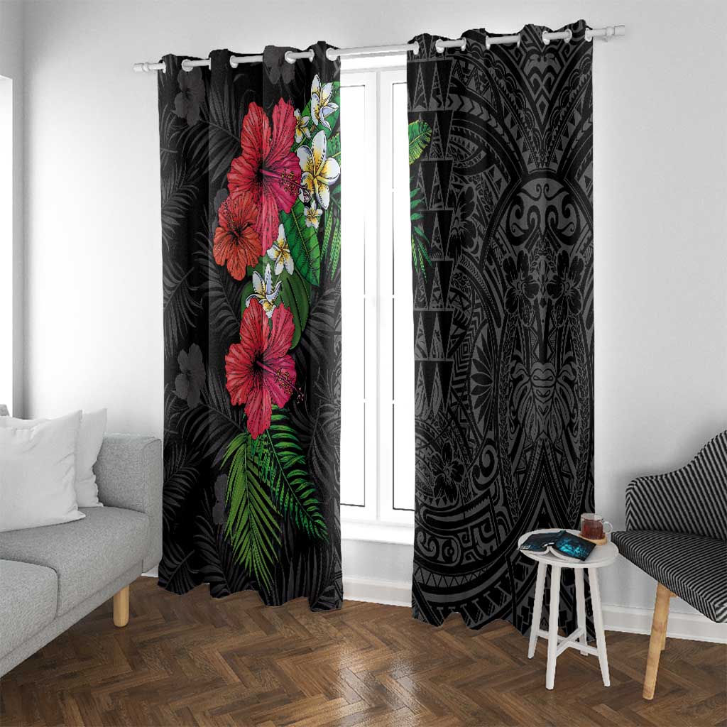Hawaiian Tropical Plants Window Curtain Kakau Tattoo and Polynesian Pattern Half Black Color LT03 With Grommets Black - Polynesian Pride