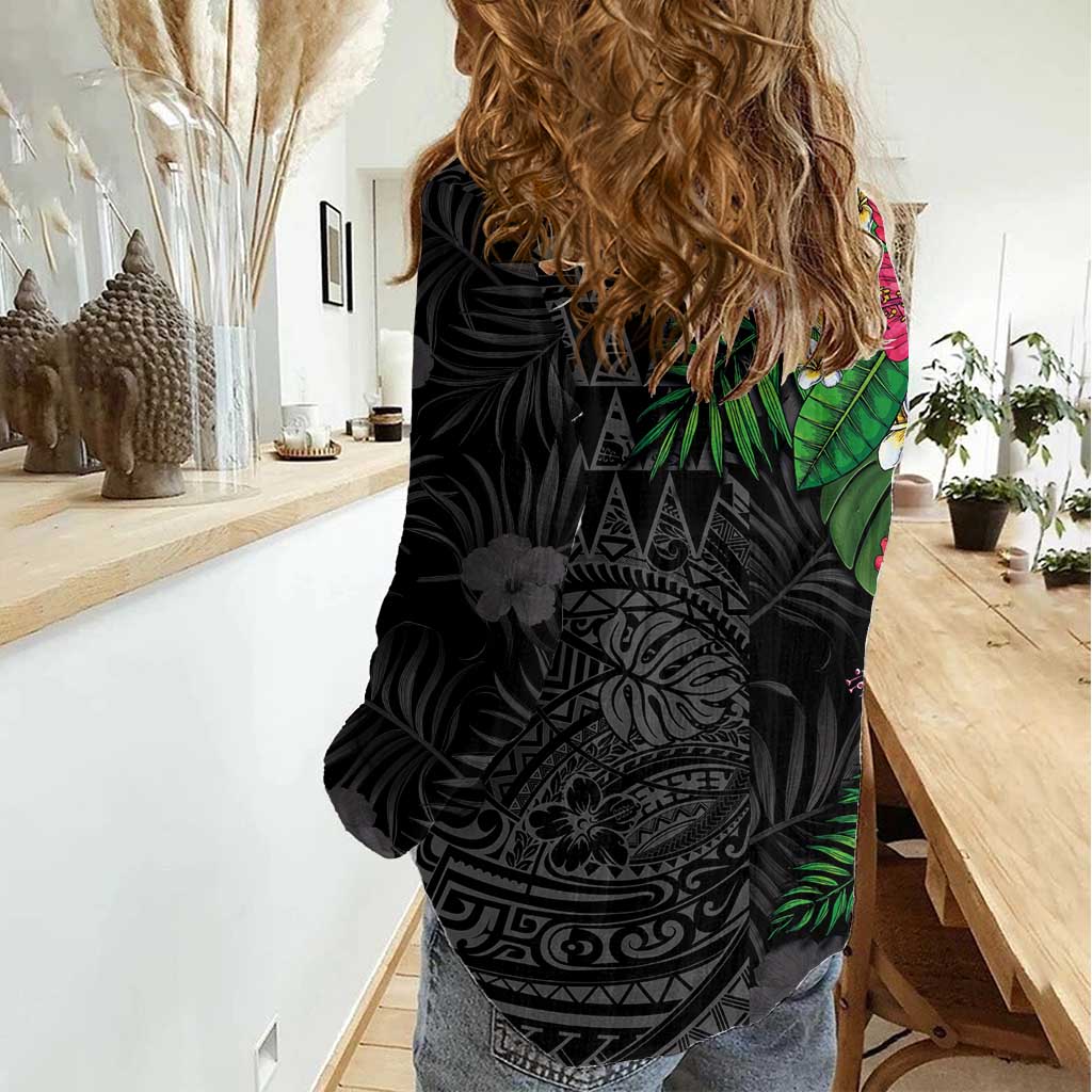 Hawaiian Tropical Plants Women Casual Shirt Kakau Tattoo and Polynesian Pattern Half Black Color LT03 - Polynesian Pride