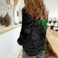 Hawaiian Tropical Plants Women Casual Shirt Kakau Tattoo and Polynesian Pattern Half Black Color LT03 - Polynesian Pride