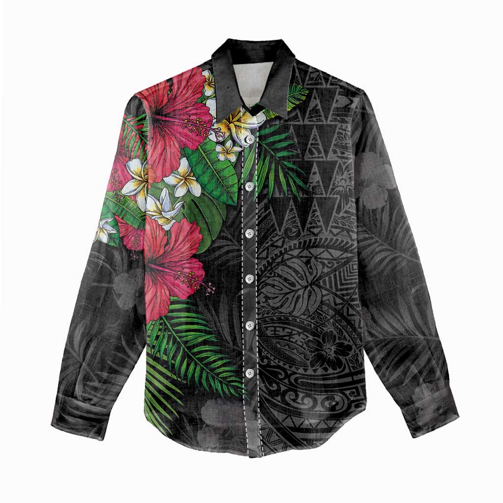 Hawaiian Tropical Plants Women Casual Shirt Kakau Tattoo and Polynesian Pattern Half Black Color LT03 - Polynesian Pride